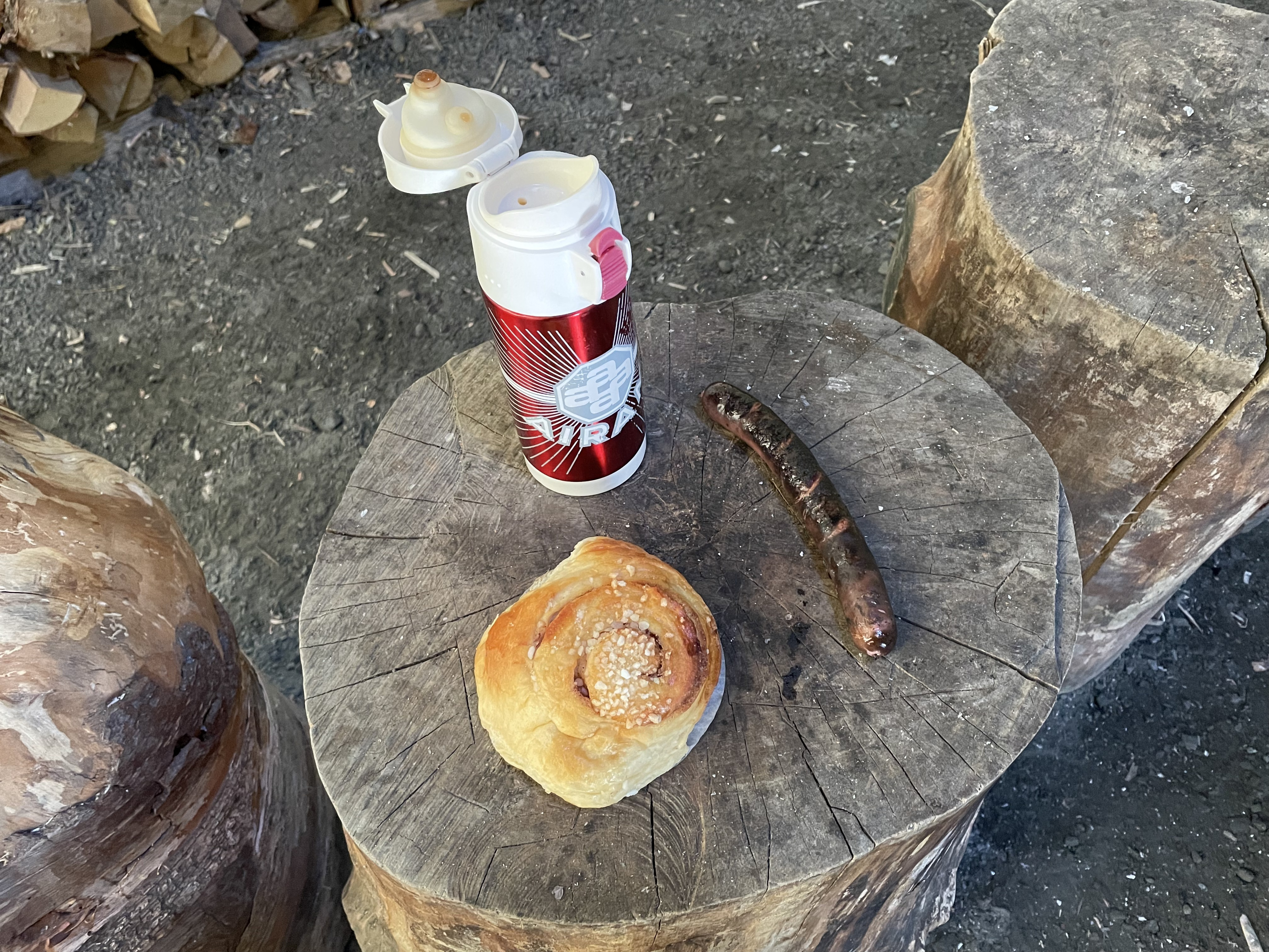 A grilled sausage, a cinnamon bun and a themros flask of coffee, positoned on a tree stump